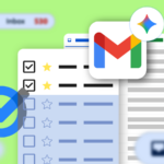 Logotipo do Gmail cercado por notas adesivas coloridas flutuantes em um fundo azul