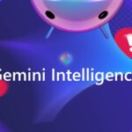 Duas mãos robóticas apontando para um ícone colorido do aplicativo Gemini 3D.