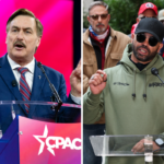 Left, CEO of MyPillow Mike Lindell speaks during the Conservative Political Action Conference, 2024, at the National Harbor in Oxon Hill, Maryland, on February 24, 2024. Right, Former Proud Boys leader Enrique Tarrio speaks outside the Willard Hotel during a January 6th memorial march marking five years since the attack on January 06, 2026 in Washington, D.C.
