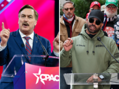 Mike Lindell e o líder dos Proud Boys buscam pagamentos ‘anti-armamento’ de Trump Left, CEO of MyPillow Mike Lindell speaks during the Conservative Political Action Conference, 2024, at the National Harbor in Oxon Hill, Maryland, on February 24, 2024. Right, Former Proud Boys leader Enrique Tarrio speaks outside the Willard Hotel during a January 6th memorial march marking five years since the attack on January 06, 2026 in Washington, D.C.