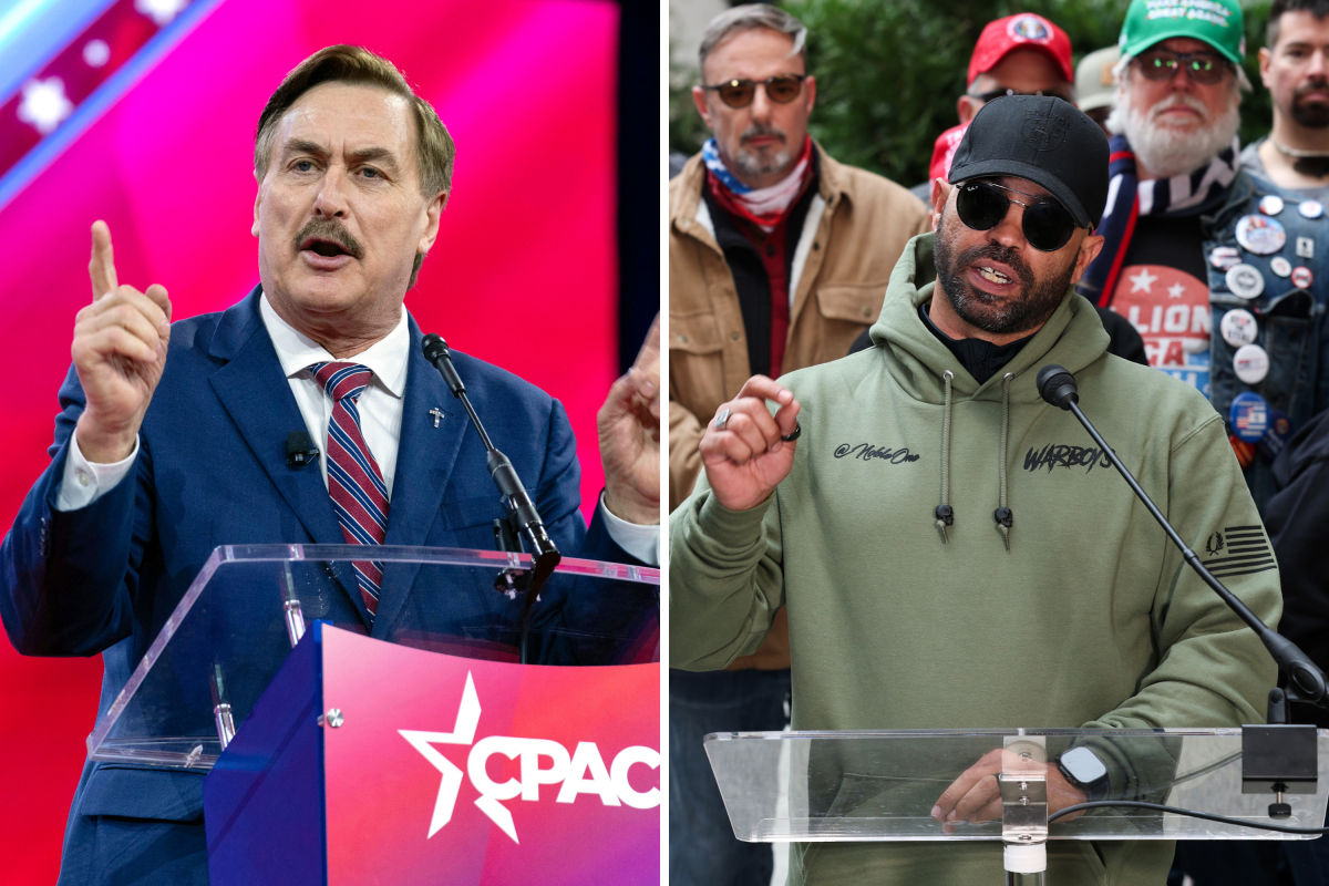 Left, CEO of MyPillow Mike Lindell speaks during the Conservative Political Action Conference, 2024, at the National Harbor in Oxon Hill, Maryland, on February 24, 2024. Right, Former Proud Boys leader Enrique Tarrio speaks outside the Willard Hotel during a January 6th memorial march marking five years since the attack on January 06, 2026 in Washington, D.C.