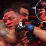 Mike Perry estrangula Nate Diaz durante sua vitória na briga dos meio-médios em 16 de maio de 2026, na eliminatória da luta de retorno de Ronda Rousey contra Gina Carano.