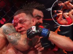 Mike Perry sangra e vence Nate Diaz na eliminatória Ronda Rousey-Gina Carano MMA Mike Perry estrangula Nate Diaz durante sua vitória na briga dos meio-médios em 16 de maio de 2026, na eliminatória da luta de retorno de Ronda Rousey contra Gina Carano.