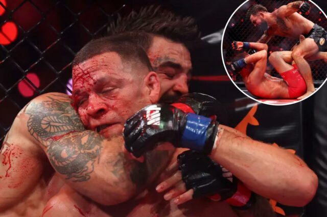 Mike Perry estrangula Nate Diaz durante sua vitória na briga dos meio-médios em 16 de maio de 2026, na eliminatória da luta de retorno de Ronda Rousey contra Gina Carano.