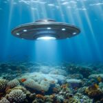 Ilustração de um OVNI pairando sobre um recife de coral vibrante, com raios de luz solar brilhando através da água.