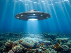 Milhares de misteriosos OVNIs subaquáticos avistados na costa dos EUA: relatório Ilustração de um OVNI pairando sobre um recife de coral vibrante, com raios de luz solar brilhando através da água.