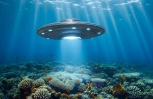 Milhares de misteriosos OVNIs subaquáticos avistados na costa dos EUA: relatório Ilustração de um OVNI pairando sobre um recife de coral vibrante, com raios de luz solar brilhando através da água.