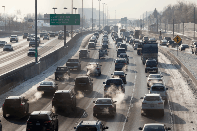 Milhares de pessoas no Colorado, Texas e Arizona pediram para File photo: Multiple lanes of traffic crawl slowly on southbound Interstate-25 in Denver, Colorado, as exhaust fumes rise into the air on December 6, 2013.