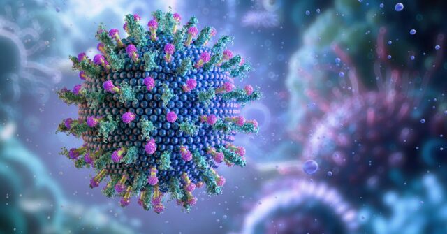 Vírus da hepatite HBV, HCV causa doença crônica, inflamação do fígado. Os tratamentos com anticorpos antivirais diagnosticam infecção, cirrose e fibrose. Biologia, genótipo de vírus hepatotrópicos afetam a saúde. 3D