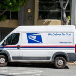 A United States Postal Service delivery van parked on residential street in San Francisco on April 28, 2026.