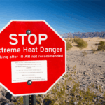 An extreme heat danger sign in Death Valley which is the lowest, hottest and driest place in the USA.