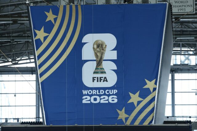 The FIFA World Cup 2026 logo is seen inside Dallas Stadium on May 11, 2026 in Dallas, Texas.