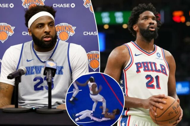 Mitchell Robinson, do Knicks, tomando o caminho certo, entrando no confronto de Joel Embiid após agarrar a perna em 2024
