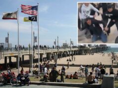 Momento aterrorizante, enorme multidão de jovens andando de bicicleta elétrica agride o marido em Huntington Beach Momento aterrorizante, enorme multidão de jovens andando de bicicleta elétrica agride o marido em Huntington Beach