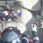 Momento dramático, equipes de resgate colocam o alpinista em segurança após a queda horrível do Monte Buffalo, na Austrália