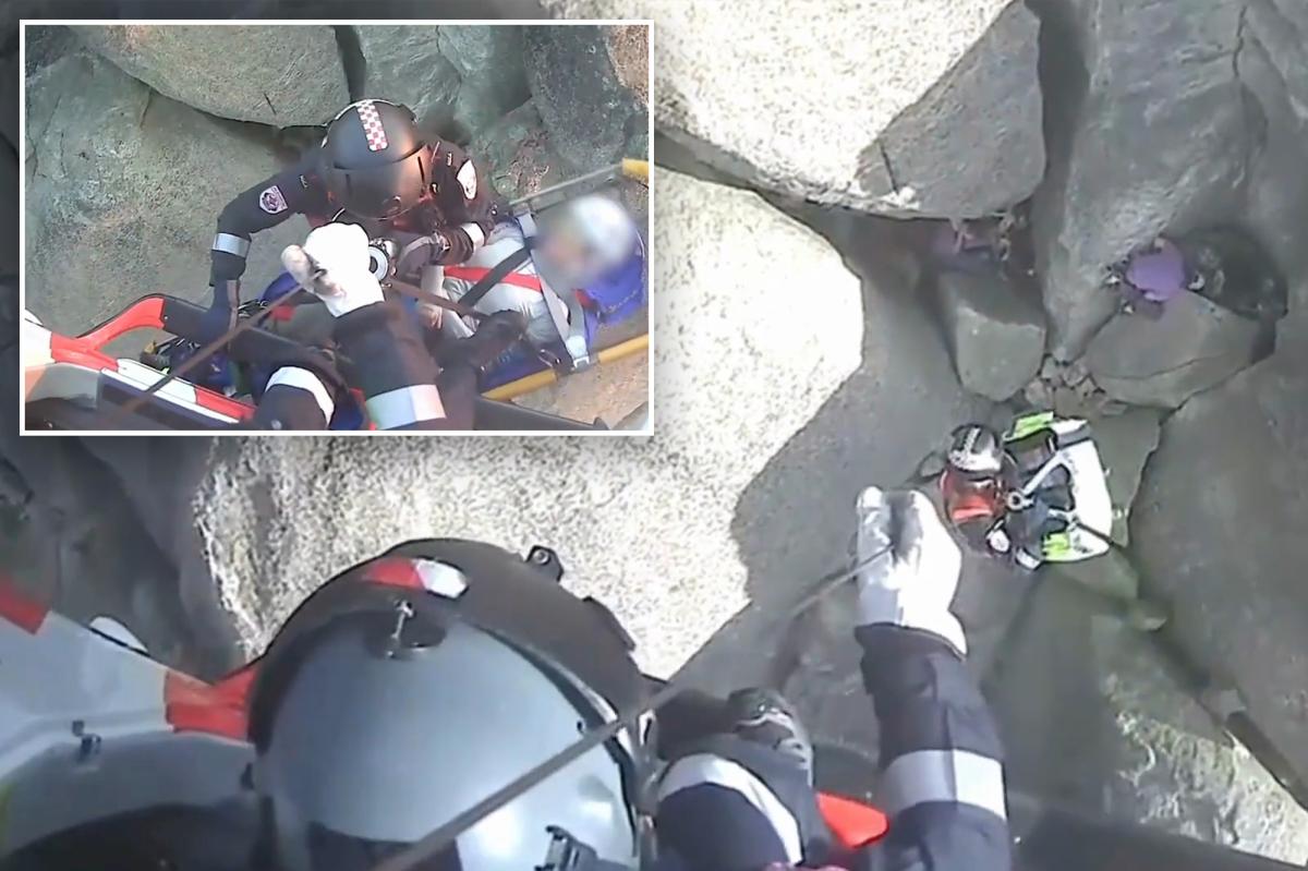 Momento dramático, equipes de resgate colocam o alpinista em segurança após a queda horrível do Monte Buffalo, na Austrália