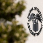 The Social Security Administration logo outside a field office in central Anaheim, California, on March 29, 2025.