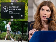 Muito barulho sobre cocô de cachorro: Conselho de Nova York pondera medidas para colocar dispensadores de sacos de cocô de 23 mil pela cidade Uma placa preta em um parque para cães diz