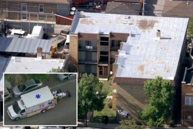Vista aérea de veículos de emergência e carros de polícia em uma rua residencial.