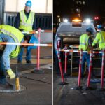 Trabalhadores da Con Ed consertam uma tampa de bueiro na 52nd St. e 5th Ave. em Manhattan, terça-feira, 19 de maio de 2026.