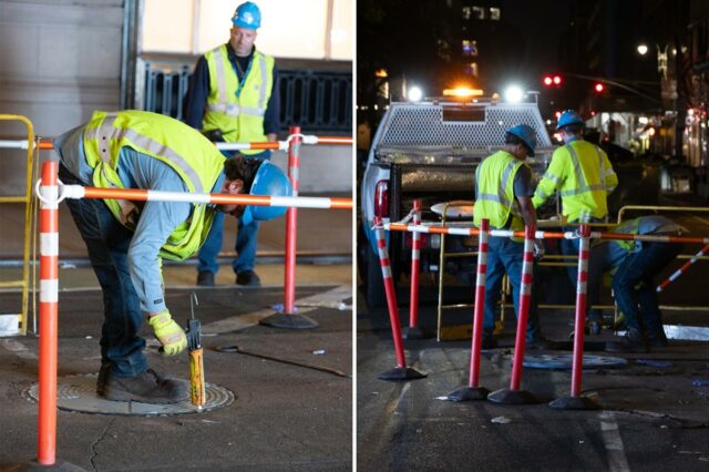 Trabalhadores da Con Ed consertam uma tampa de bueiro na 52nd St. e 5th Ave. em Manhattan, terça-feira, 19 de maio de 2026.