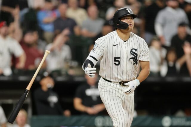 CHICAGO, ILLINOIS - MAY 26: Munetaka Murakami #5 of the Chicago White Sox celebrates a two-run home run off Joe Ryan #41 of the Minnesota Twins (not pictured) during the eighth inning at Rate Field on May 26, 2026 in Chicago, Illinois. (Photo by Michael Reaves/Getty Images)