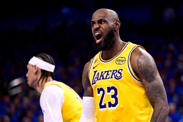 Lakers star LeBron James playing in NBA Playoffs against Oklahoma City Thunder