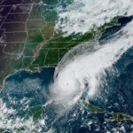 In this NOAA handout image taken by the GOES satellite, Hurricane Ian whips toward Florida on September 28, 2022, in the Gulf of Mexico. (Photo by NOAA, via Getty Images)