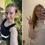 From left: Becca Travis takes a selfie during a run, and in hospital.