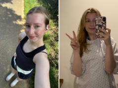 Não fumei nem bebi, mas tive uma parada cardíaca aos 25 anos, agora sei por quê From left: Becca Travis takes a selfie during a run, and in hospital.