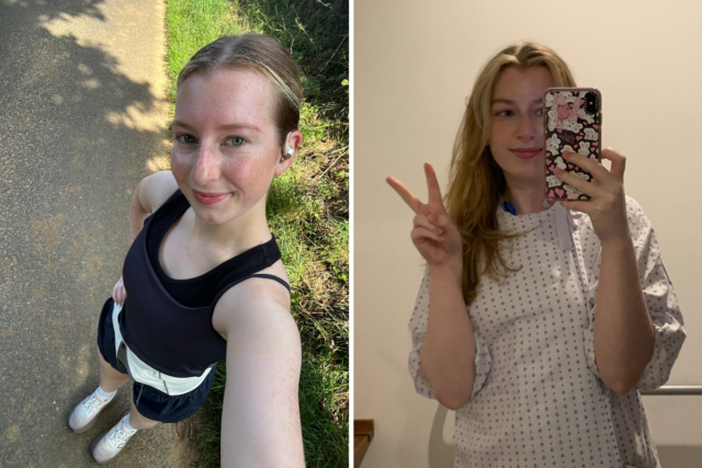 Não fumei nem bebi, mas tive uma parada cardíaca aos From left: Becca Travis takes a selfie during a run, and in hospital.