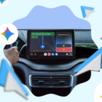 Um SUV prateado em frente ao logotipo do Android Auto em um fundo geométrico verde e azul
