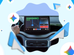 Não gostei do Gemini no Android Auto, mas esses truques me fizeram mudar de ideia Um SUV prateado em frente ao logotipo do Android Auto em um fundo geométrico verde e azul