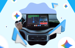Não gostei do Gemini no Android Auto, mas esses truques me fizeram mudar de ideia Um SUV prateado em frente ao logotipo do Android Auto em um fundo geométrico verde e azul