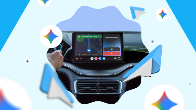 Um SUV prateado em frente ao logotipo do Android Auto em um fundo geométrico verde e azul