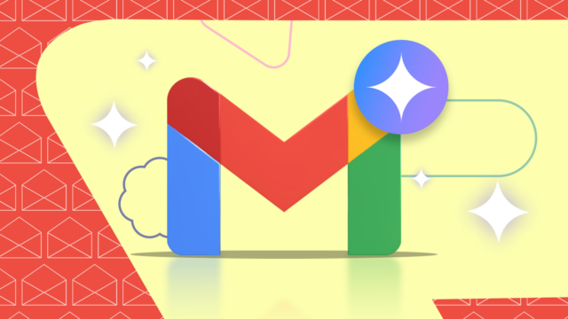 Uma mulher sentada em um sofá usando o telefone, cercada pelos logotipos do Gmail, Drive, Docs, YouTube e Gemini.