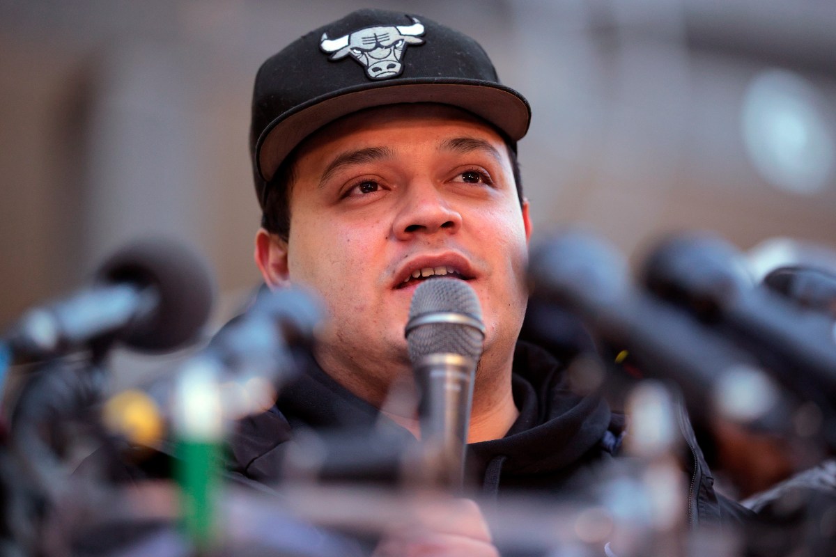 Kilmar Abrego Garcia speaks to supporters at the U.S. Immigration and Customs Enforcement Baltimore Field Office on December 12, 2025, in Baltimore, Maryland.