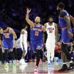 New York Knicks star Jalen Brunson celebrates during playoffs game against Philadelphia 76ers