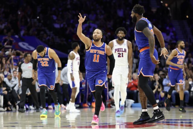 New York Knicks star Jalen Brunson celebrates during playoffs game against Philadelphia 76ers