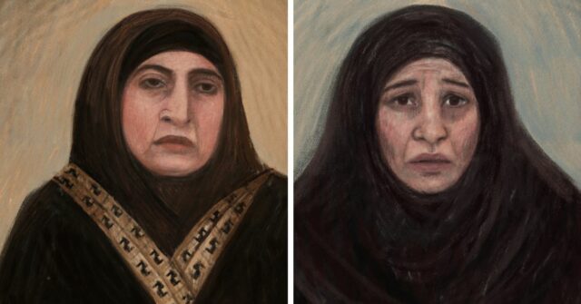 Uma imagem combinada mostra (à esquerda) um esboço do tribunal representando Kawsar Ahmad, 53, também conhecido como Abbas, durante seu pedido de fiança em Melbourne, sexta-feira, 8 de maio de 2026 e (à direita) um esboço do tribunal representando Zeinab Ahmad durante seu pedido de fiança em Melbourne.