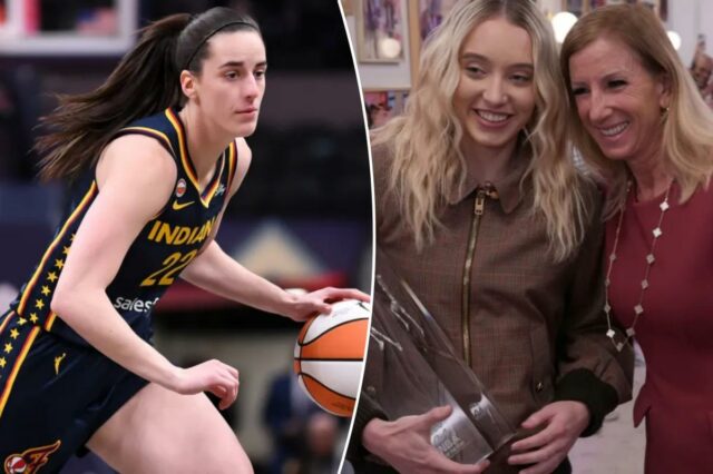 Caitlin Clark driblando a bola para o Indiana Fever.