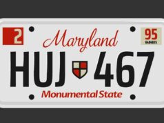 Números de placas do carro antigo do marido, do qual ele se recusa a se livrar, rendem à avó de Maryland um prêmio de loteria de US$ 50 mil Ilustração de uma placa de Maryland com
