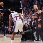 Jalen Brunson # 11, depois de acertar um arremesso que deu aos Knicks a vantagem no 4º quarto.