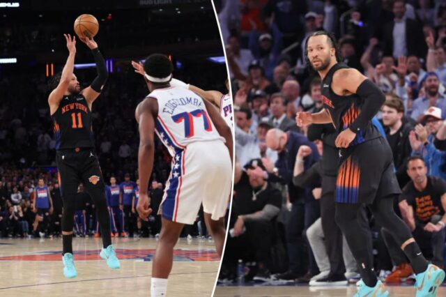 Jalen Brunson # 11, depois de acertar um arremesso que deu aos Knicks a vantagem no 4º quarto.