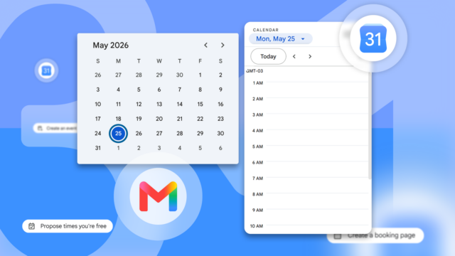 O Gmail tem um aplicativo de calendário escondido à vista Ilustração do ícone do Gmail centralizado em um fundo colorido, com vários ícones do Google Tasks empilhados no lado esquerdo, um deles sobreposto ao logotipo do Gmail.