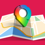 Colagem com uma mulher usando um smartphone em frente a um grande logotipo do Google Maps, ao lado de um carro azul em uma estrada.