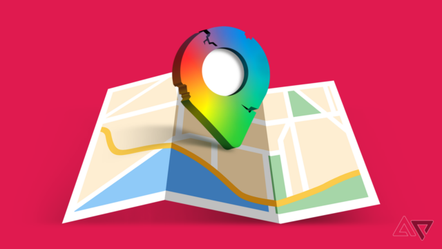 Colagem com uma mulher usando um smartphone em frente a um grande logotipo do Google Maps, ao lado de um carro azul em uma estrada.