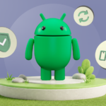 Um iPhone cercado por alertas de notificação, abaixo de uma placa verde de “Saída de Emergência” com o robô Android
