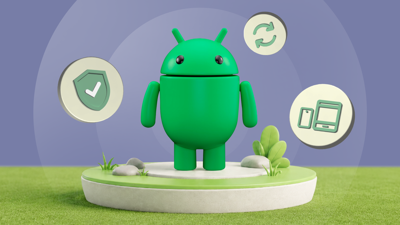 Um iPhone cercado por alertas de notificação, abaixo de uma placa verde de “Saída de Emergência” com o robô Android