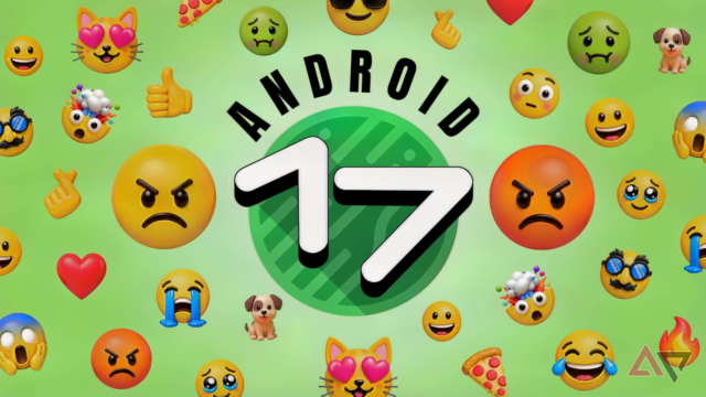 Uma mão segurando um smartphone exibindo uma tela inicial minimalista do Android 17.